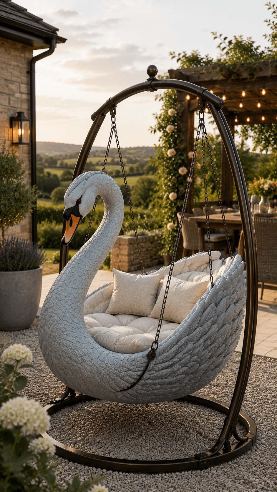 White swan hanging chair with comfortable cream cushions in a landscaped countryside garden with pergola and scenic views.