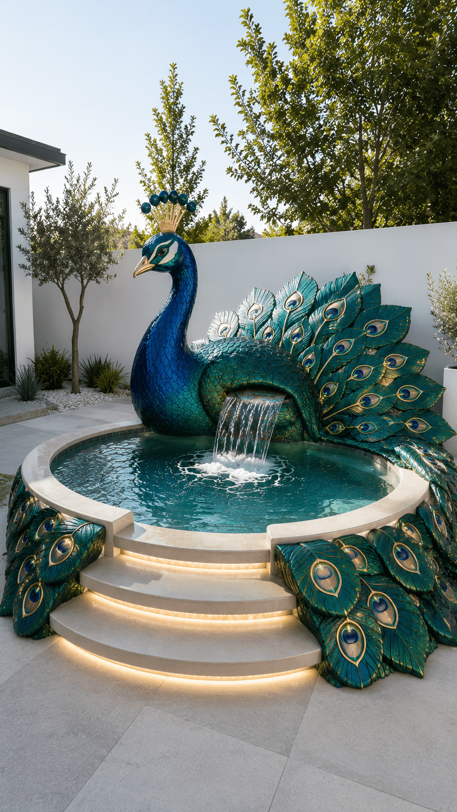 Luxury emerald blue peacock hot tub with cascading waterfall, illuminated steps and decorative feather surround.
