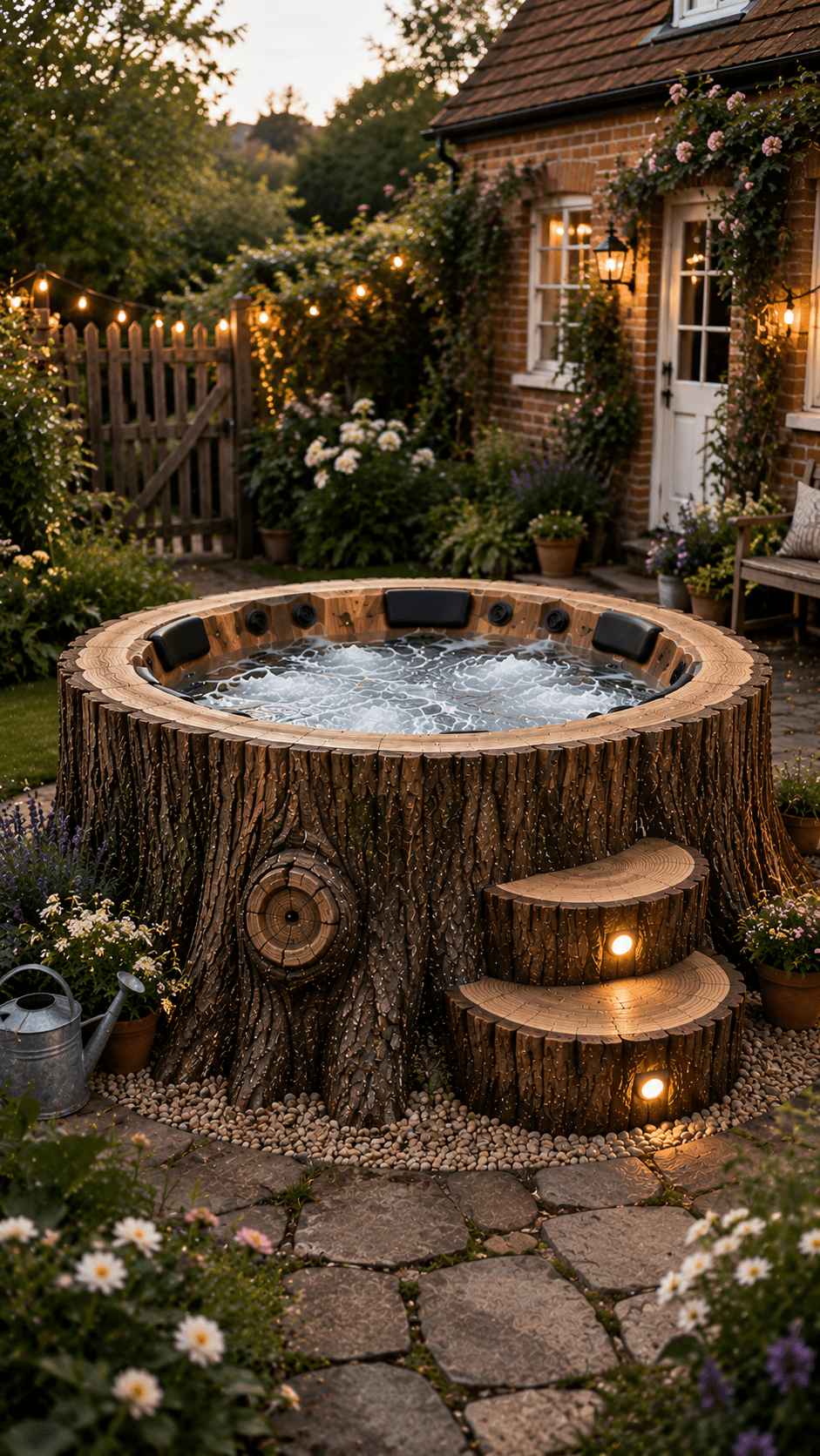 Realistic tree stump hot tub surrounded by flowers and a charming cottage garden with warm evening lighting.