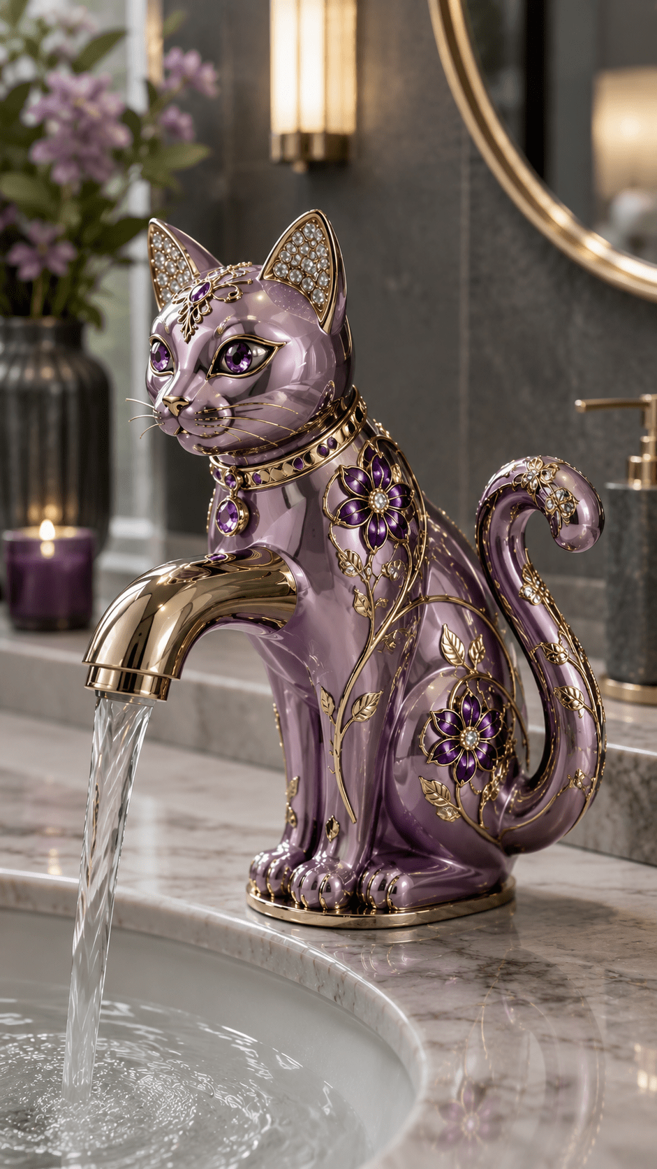 Lavender luxury cat faucet with gold floral detailing and gemstone accents in a modern marble bathroom.