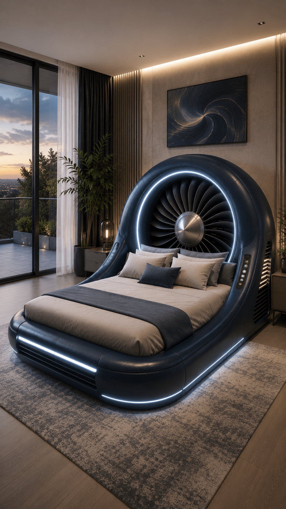 Luxury navy blue turbine engine bed with illuminated LED headboard in a modern contemporary bedroom.