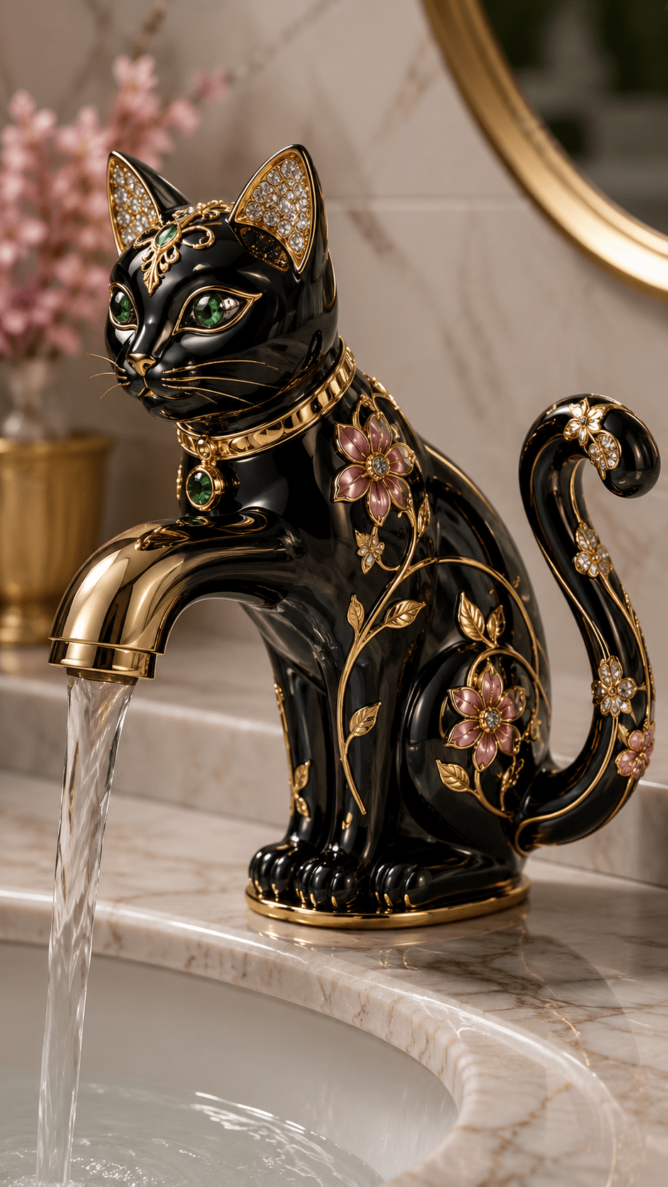 Elegant black luxury cat faucet featuring gold trim, pink floral decorations and green gemstone-inspired eyes.