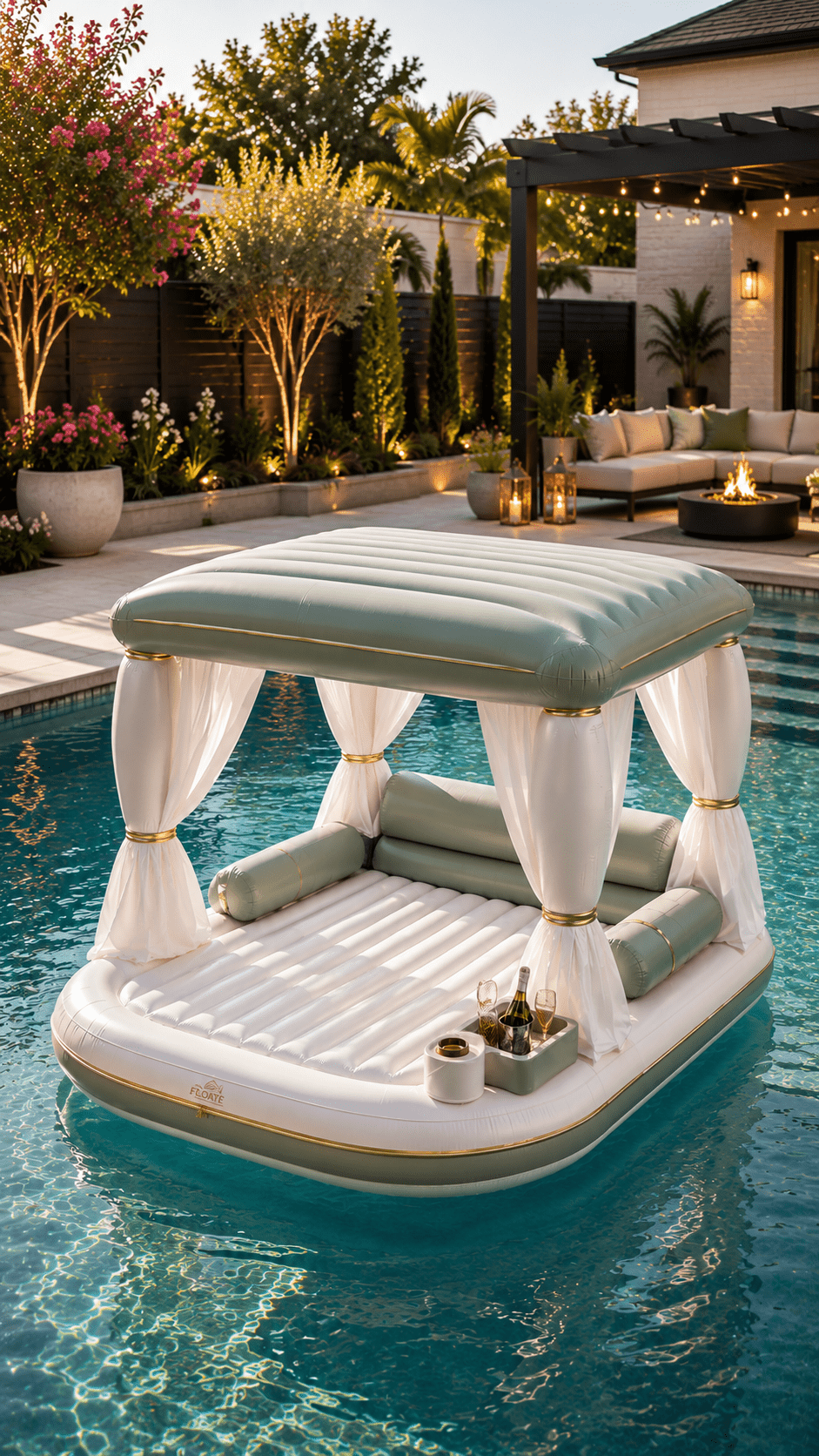 Luxury sage green inflatable floating cabana with canopy and curtains creating a stylish resort-inspired pool lounging experience.