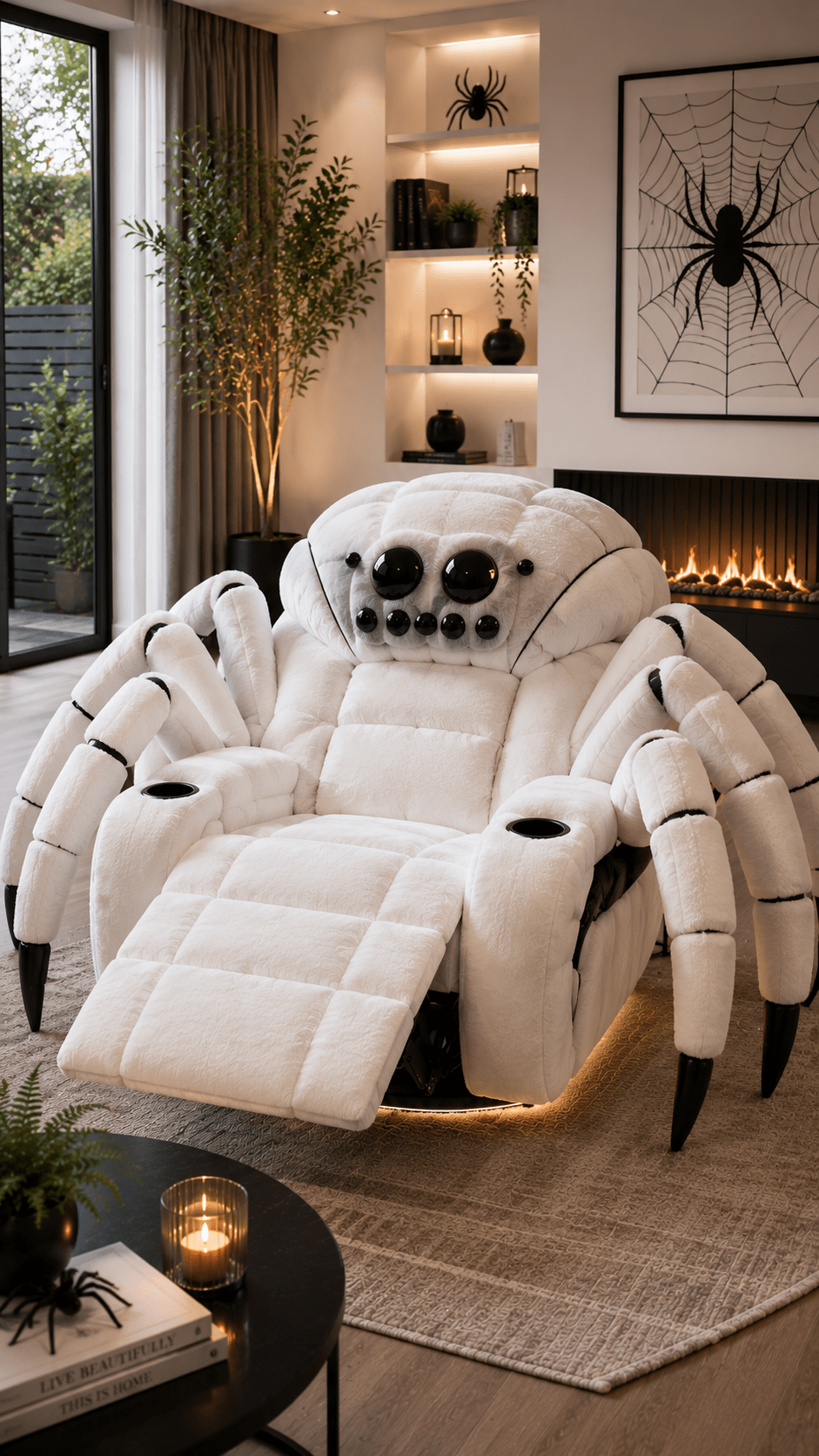 White Spider Recliner Chair featuring soft upholstery, reclining footrest and spider-inspired design in a stylish contemporary lounge.