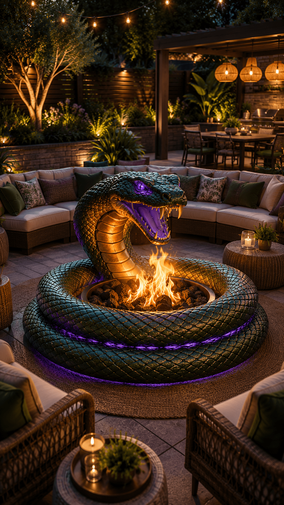 Green snake fire pit with purple accent lighting creating a dramatic centrepiece in a luxury outdoor entertaining space.