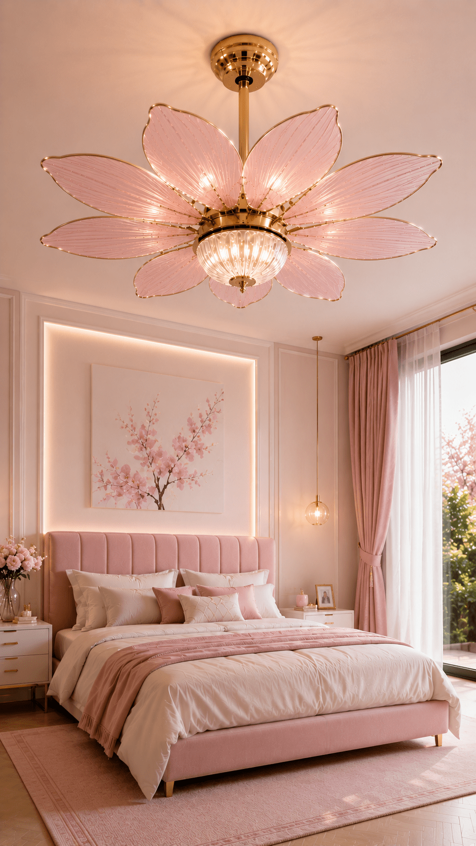 Luxury pink flower petal ceiling light with gold finish in a stylish blush pink modern bedroom.