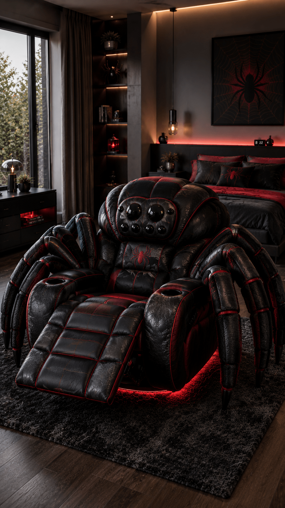 Black and red Spider Recliner Chair with LED lighting, reclining footrest and gothic bedroom décor.