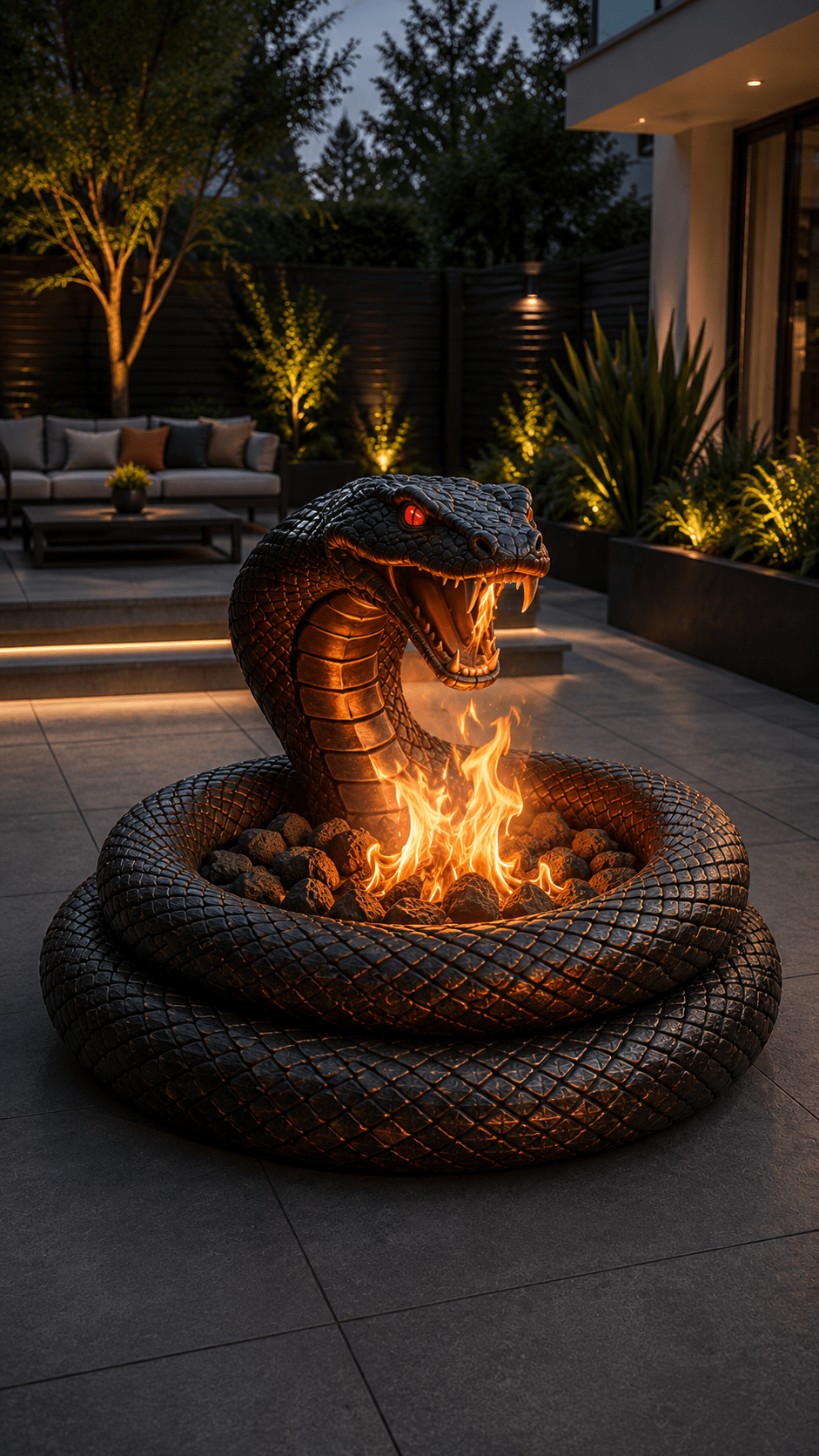 Realistic black snake fire pit with glowing red eyes creating a dramatic focal point in a contemporary garden.