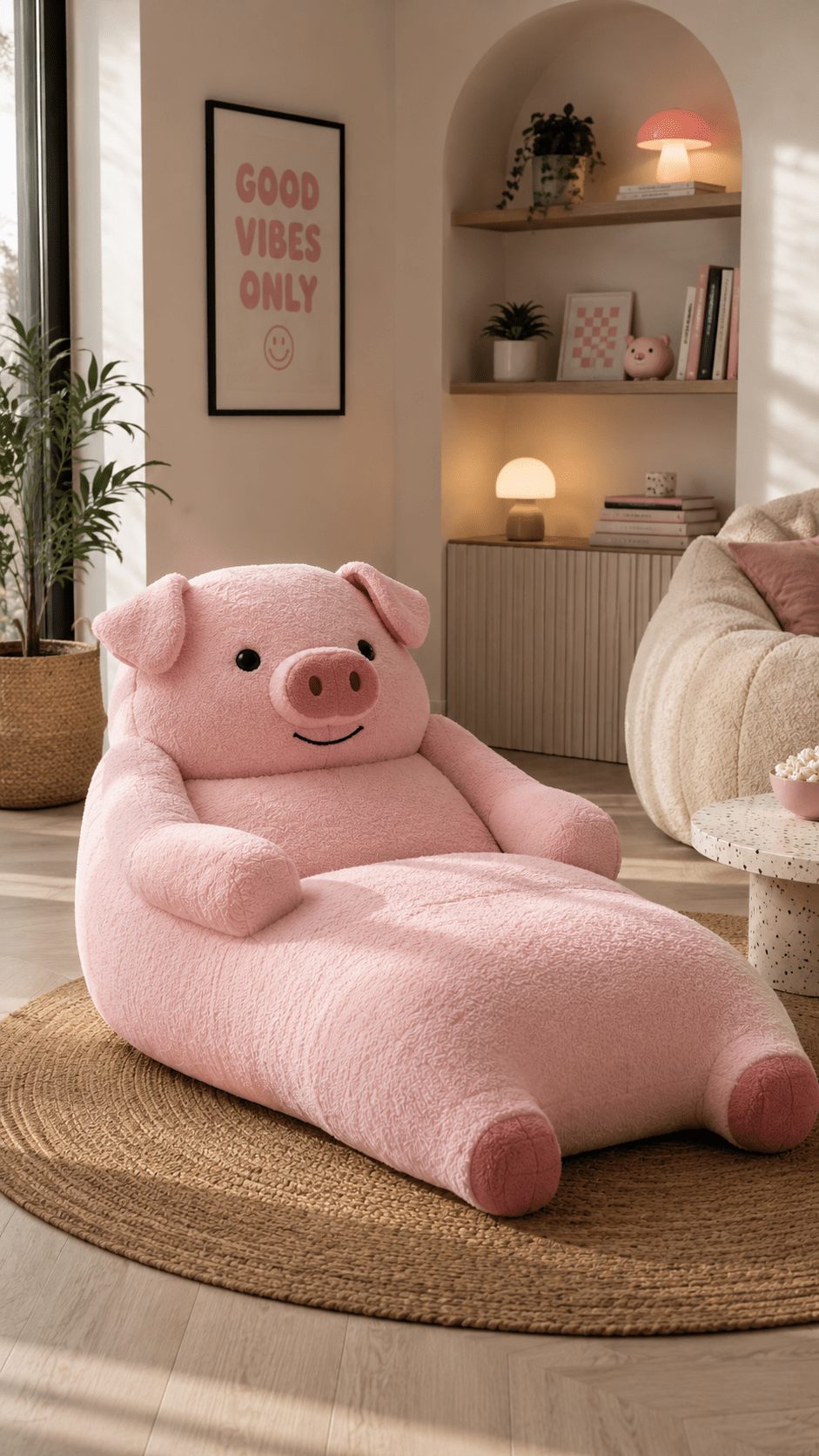 Soft pink pig-shaped plush sofa positioned in a bright contemporary living room with cosy décor and natural wood finishes.