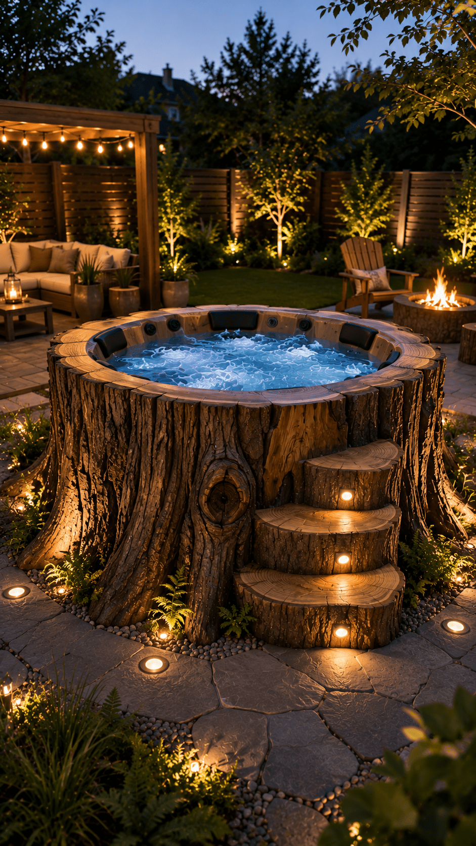 Illuminated tree stump hot tub in a landscaped garden featuring a pergola, fire pit and ambient outdoor lighting.