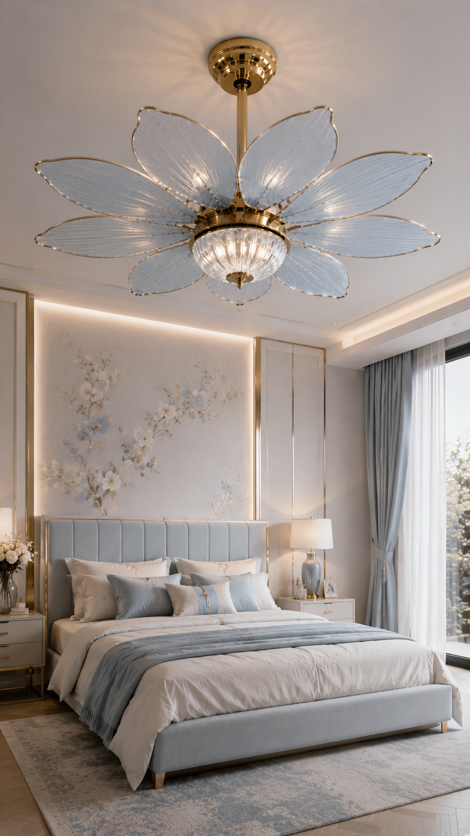 Sophisticated blue bedroom featuring a luxury flower petal ceiling light with gold accents and soft blue décor.