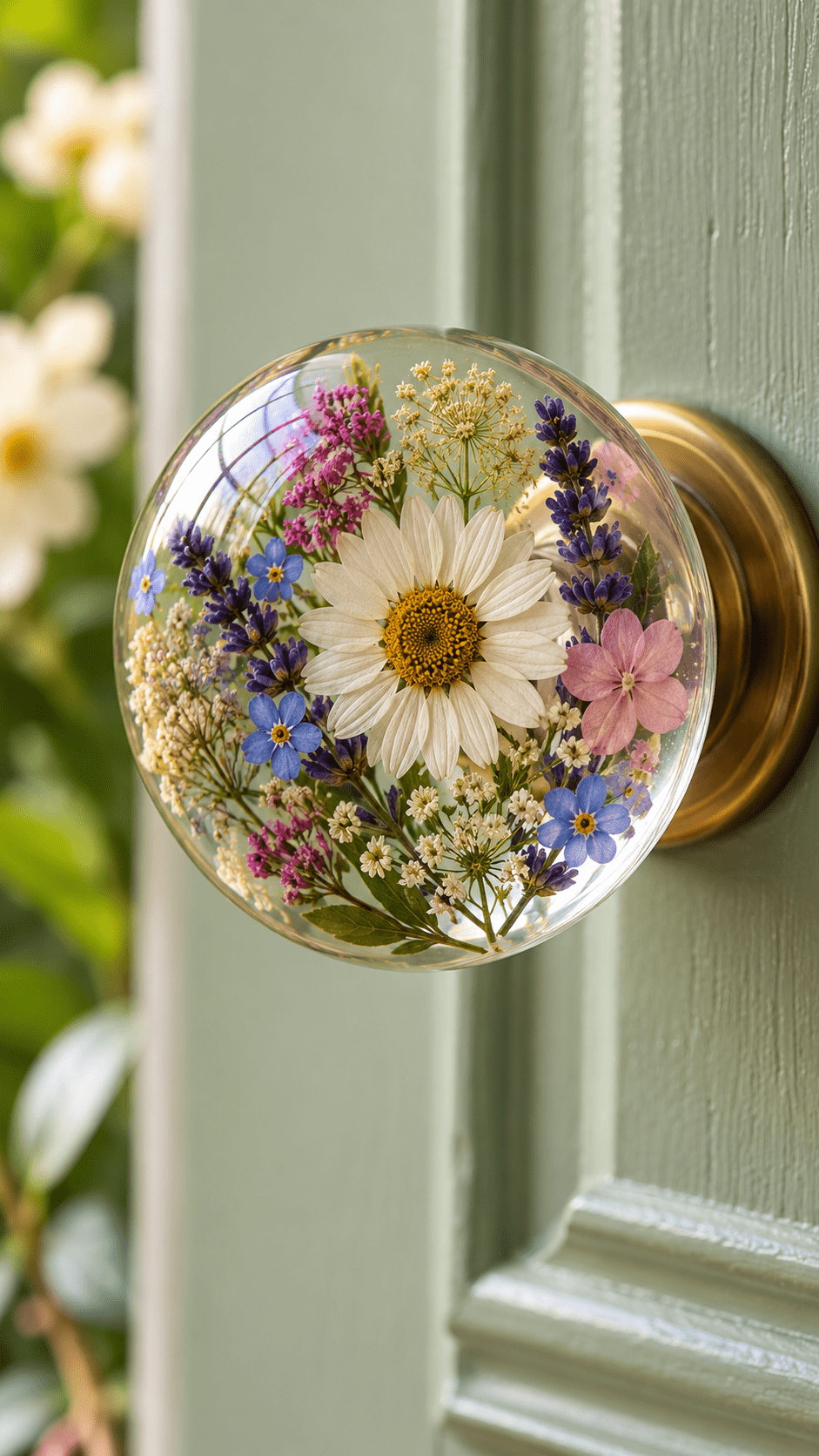 Decorative floral resin door knob with white daisy, lavender, forget-me-nots and delicate spring flowers inside clear resin.