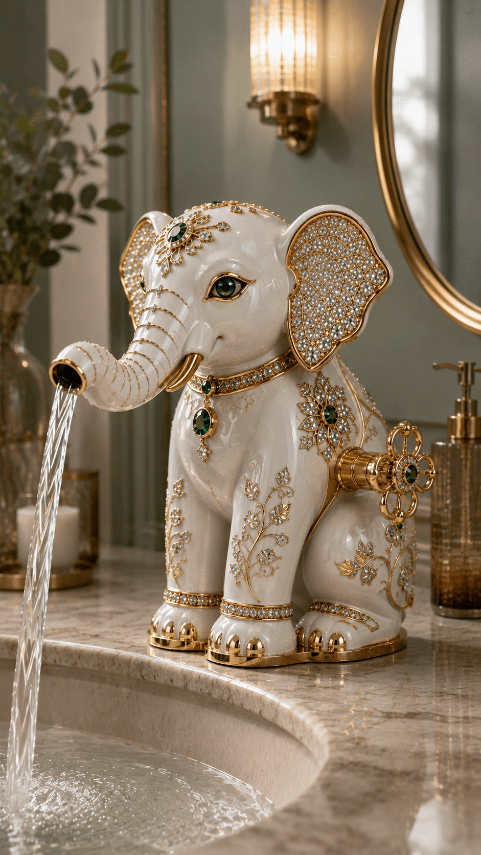 Luxury white elephant faucet with gold detailing, emerald gemstones and porcelain finish creating an elegant designer bathroom centrepiece.