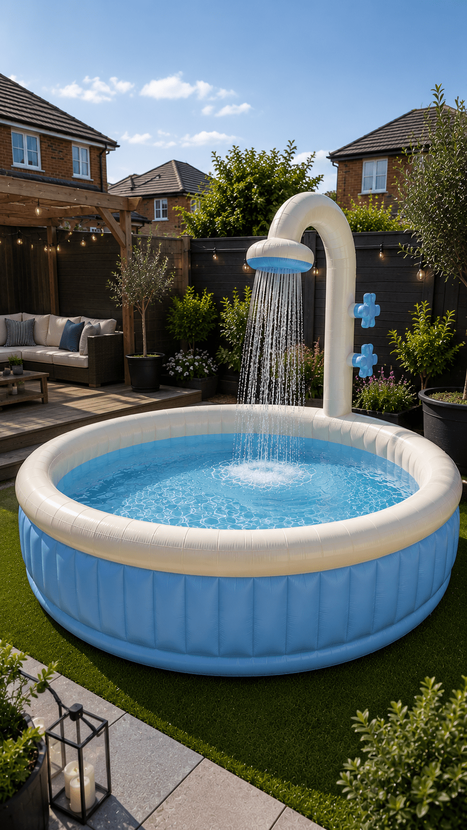 Blue inflatable shower pool with integrated shower arch in a modern landscaped family garden.