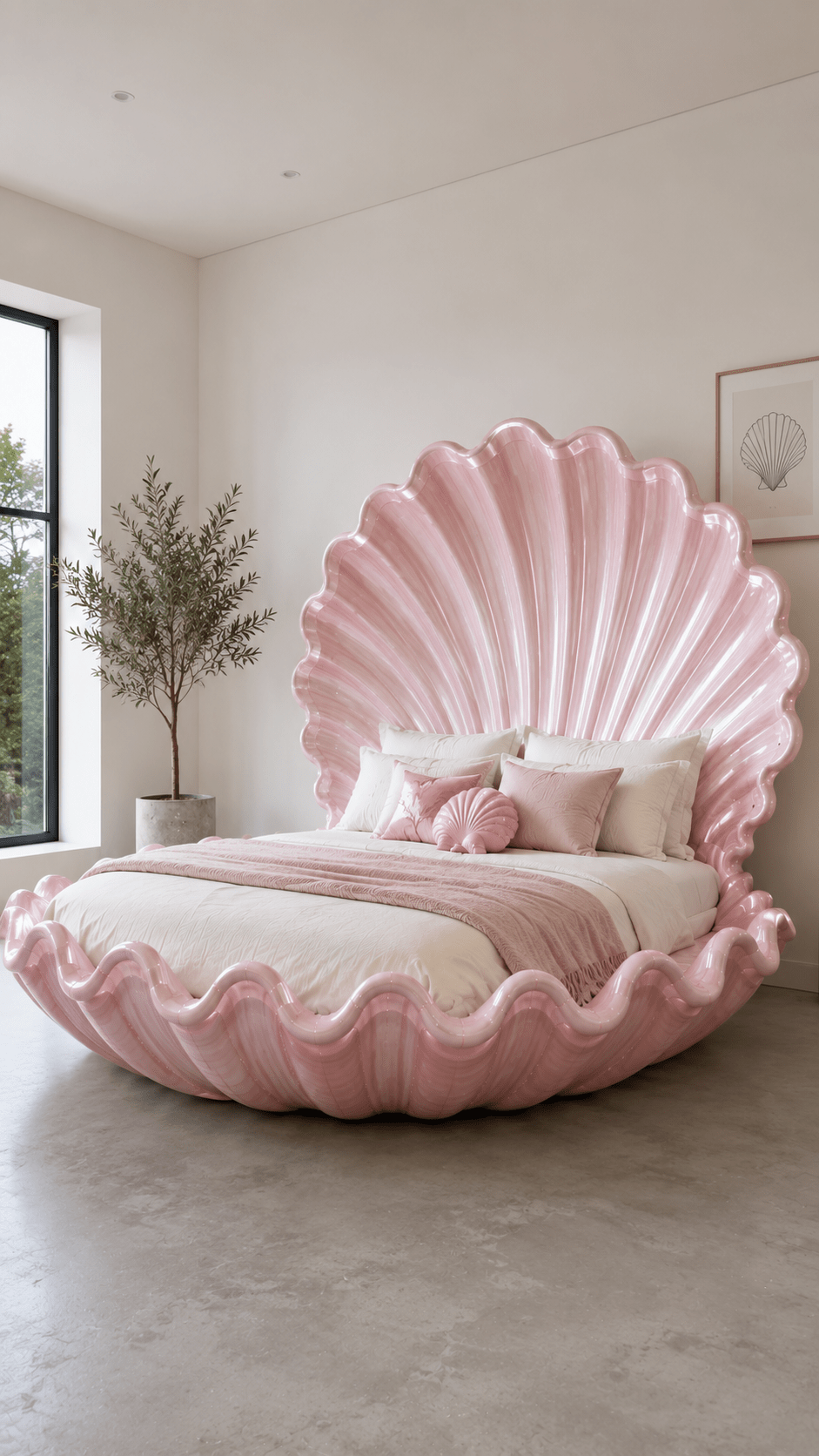 Soft pink luxury seashell bed with elegant shell headboard in a bright modern bedroom.