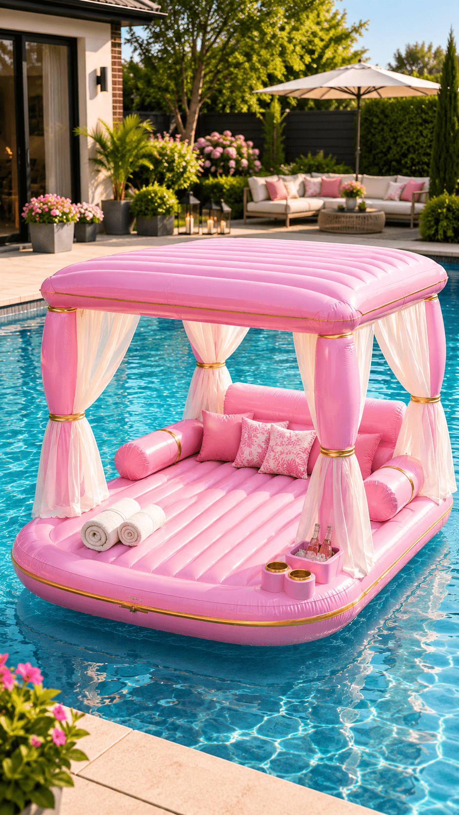 Elegant pink inflatable floating cabana with white curtains and luxury cushions floating in a modern garden swimming pool.