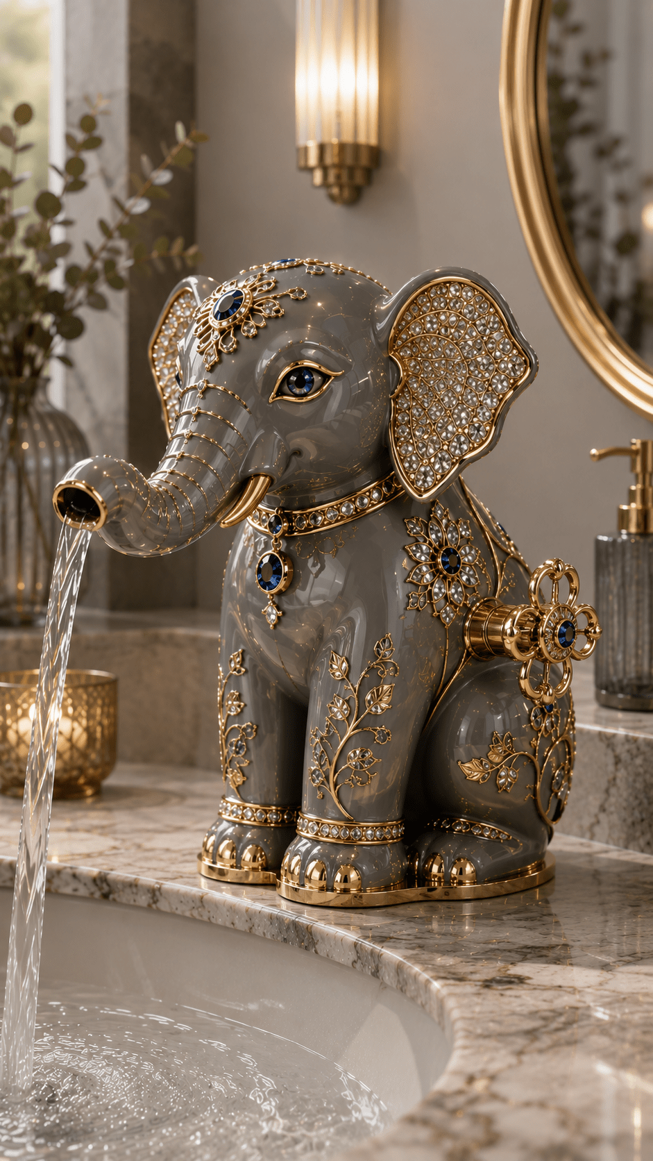 Charcoal grey luxury elephant faucet featuring gold filigree, sapphire accents and an artistic trunk water spout in a modern bathroom.