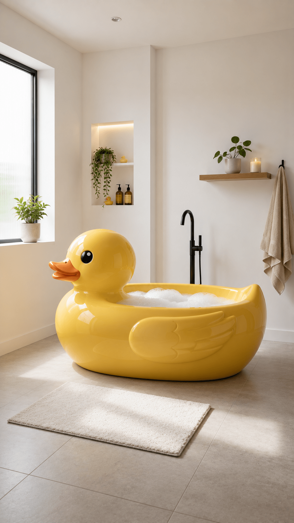 Bright yellow Rubber Duck Bathtub in a minimalist bathroom with floating shelves, plants and modern black freestanding taps.