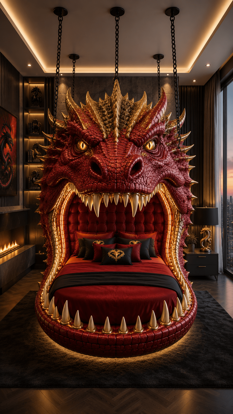 Red dragon head hanging bed with gold horns, warm LED lighting and premium fantasy-inspired bedroom interior.