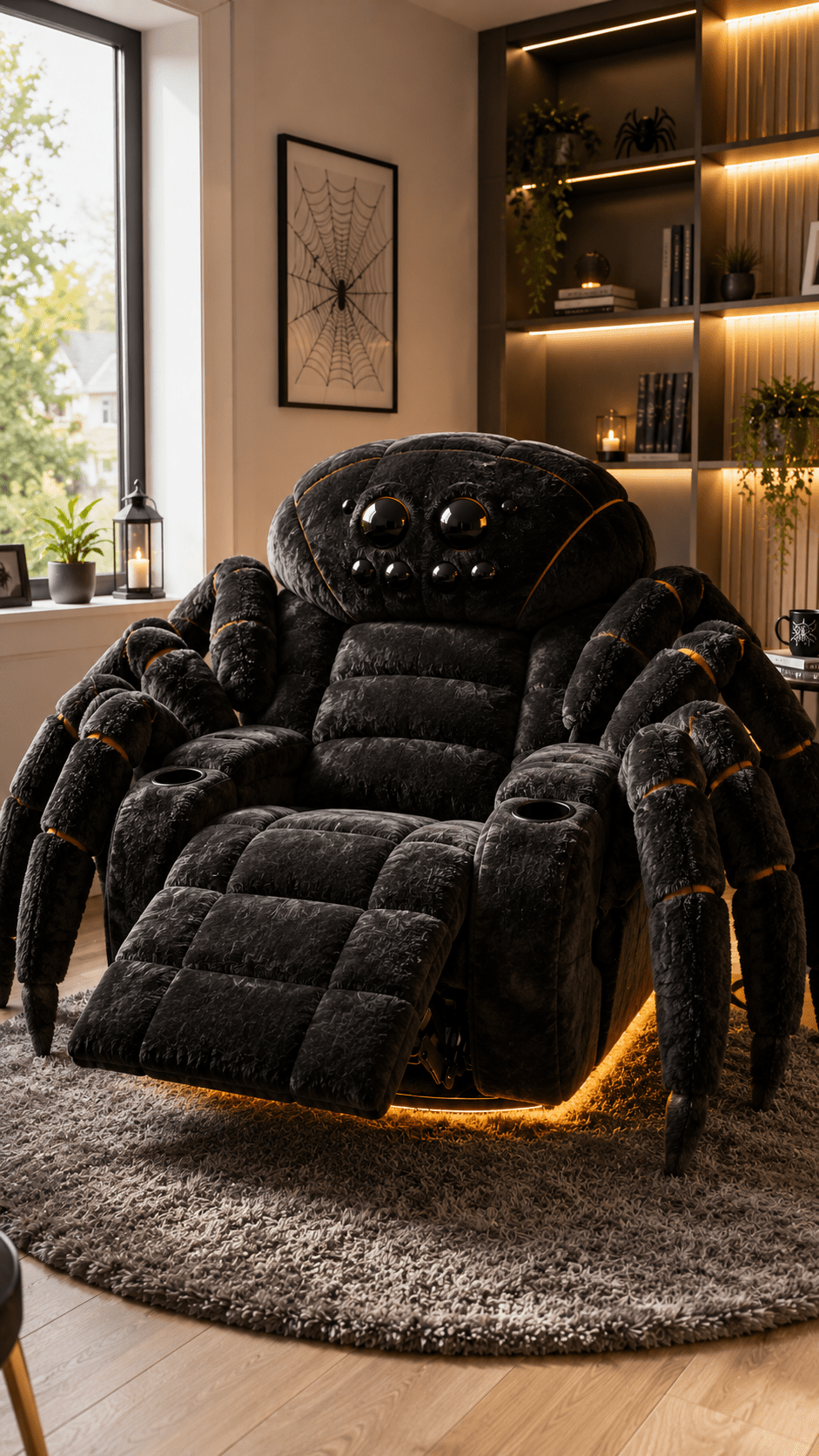 Black velvet Spider Recliner Chair with plush spider legs, cup holders and warm LED lighting in a modern living room.