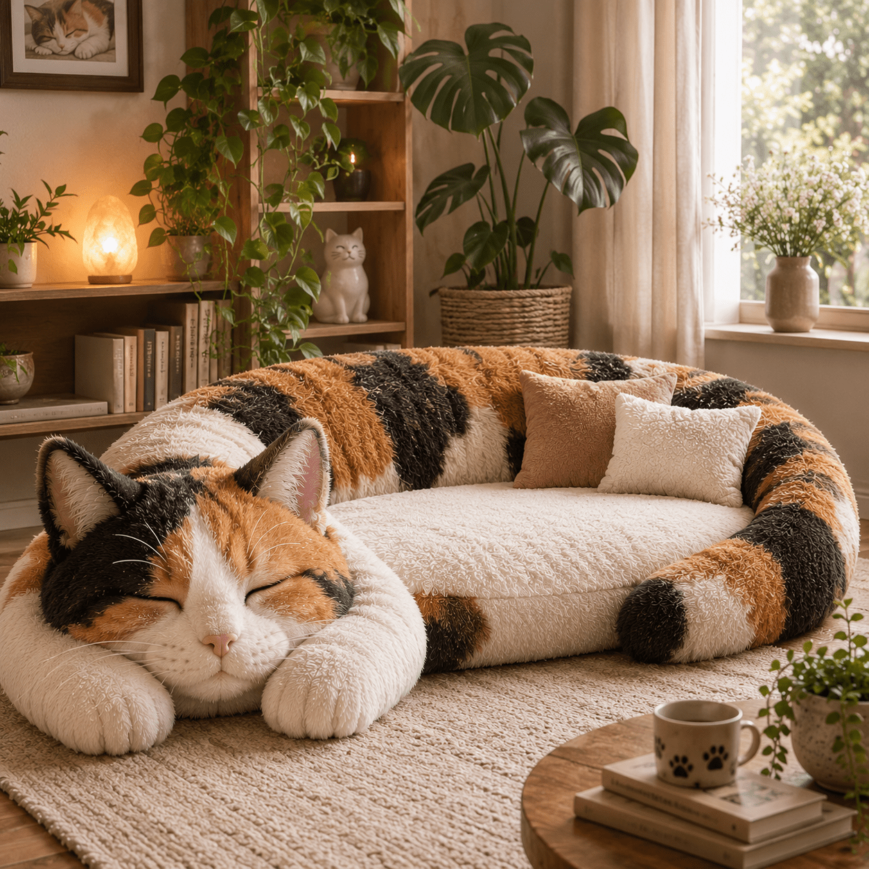 Plush calico cat-shaped sofa with oversized sleeping cat design in a warm and inviting living room.