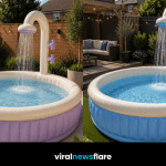 Stylish inflatable shower pools in colourful garden settings showcasing the latest outdoor living and summer relaxation trend.