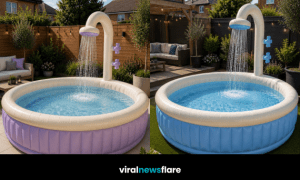 Stylish inflatable shower pools in colourful garden settings showcasing the latest outdoor living and summer relaxation trend.