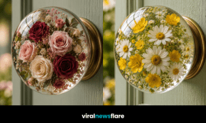 Beautiful collection of floral resin door knobs featuring preserved roses, daisies and wildflowers for elegant home décor.