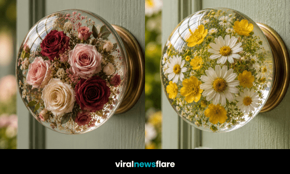 Beautiful collection of floral resin door knobs featuring preserved roses, daisies and wildflowers for elegant home décor.