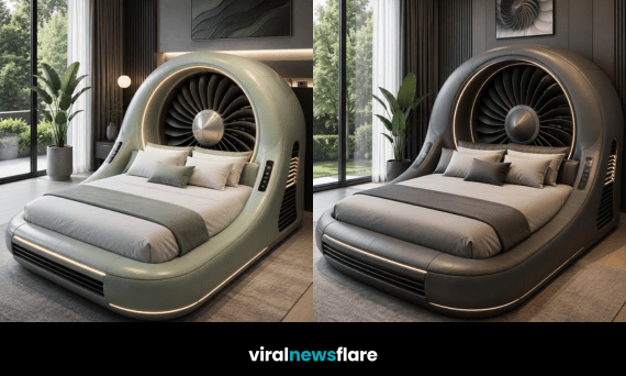Collection of luxury turbine engine beds featuring futuristic jet engine inspired headboards with integrated LED lighting.