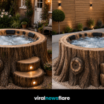 Stunning tree stump hot tub creating a luxury outdoor spa centrepiece in a beautifully landscaped garden.