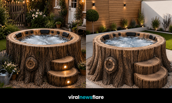 Stunning tree stump hot tub creating a luxury outdoor spa centrepiece in a beautifully landscaped garden.