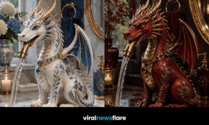 Collection of luxury dragon faucets in red, white, green and purple showcasing fantasy-inspired bathroom design.