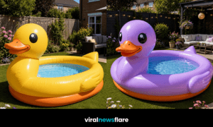Oversized inflatable rubber duck paddling pool transforming a suburban garden into a fun summer outdoor retreat.