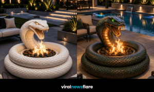 Large sculptural snake fire pit with glowing flames creating a spectacular luxury garden centrepiece for modern outdoor living.