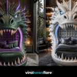 Collection of luxury Dragon Head Hanging Bed designs featuring black, red, green and white dragons suspended inside stunning fantasy bedrooms.