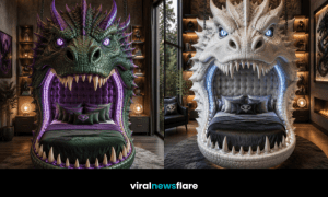 Collection of luxury Dragon Head Hanging Bed designs featuring black, red, green and white dragons suspended inside stunning fantasy bedrooms.