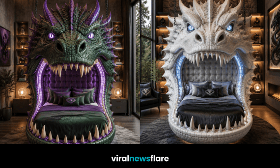 Collection of luxury Dragon Head Hanging Bed designs featuring black, red, green and white dragons suspended inside stunning fantasy bedrooms.