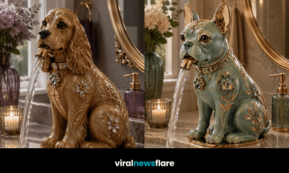 Collection of luxury dog-inspired bathroom faucets featuring Cocker Spaniel, French Bulldog, Golden Retriever and Dalmatian designs.