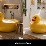 Glossy oversized Rubber Duck Bathtub creating a fun yet luxurious focal point in a contemporary designer bathroom.