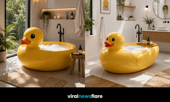 Glossy oversized Rubber Duck Bathtub creating a fun yet luxurious focal point in a contemporary designer bathroom.