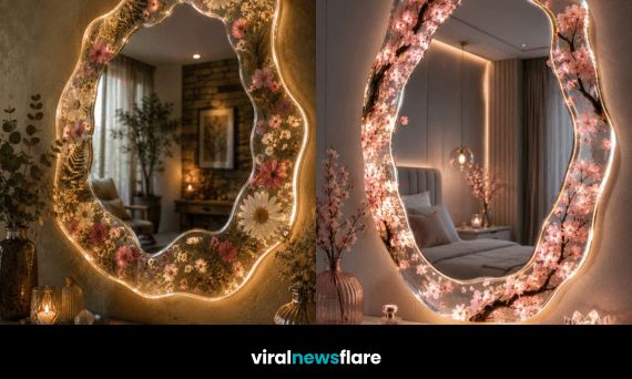 Luxury floral resin mirror with preserved flowers and integrated LED lighting creating a stunning botanical statement for modern interiors.