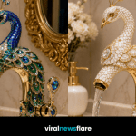 Collection of luxury faucets in purple, blue, white and black with gold finishes showcasing elegant statement bathroom design.