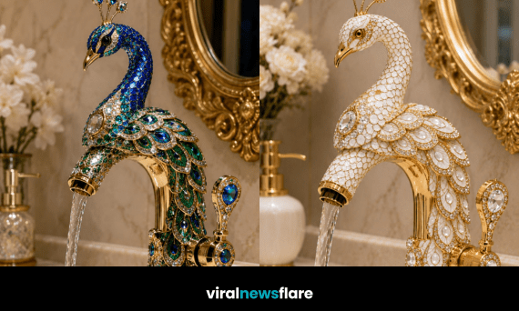 Collection of luxury faucets in purple, blue, white and black with gold finishes showcasing elegant statement bathroom design.