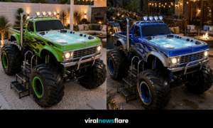 Custom monster truck hot tub with giant tyres creating a unique luxury feature for modern outdoor living spaces.
