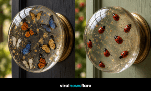 Collection of decorative resin insect door knobs featuring butterflies, bees, ladybirds and spiders in clear resin with brass fittings.