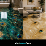 Stunning collection of luxury peacock feather epoxy resin flooring designs in bathrooms, living spaces and elegant entrance halls.