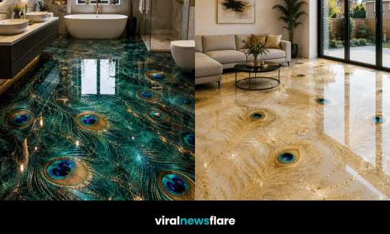 Stunning collection of luxury peacock feather epoxy resin flooring designs in bathrooms, living spaces and elegant entrance halls.