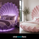 Stunning luxury seashell bed with illuminated shell headboard creating an elegant coastal-inspired bedroom retreat.
