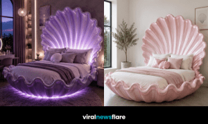 Stunning luxury seashell bed with illuminated shell headboard creating an elegant coastal-inspired bedroom retreat.